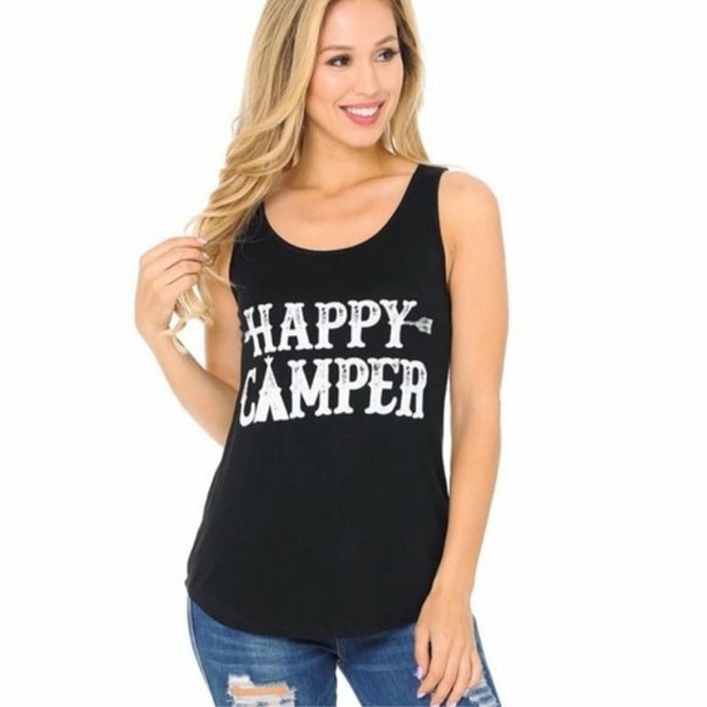 NEW S&A Happy Camper Black Graphic Tank Top
